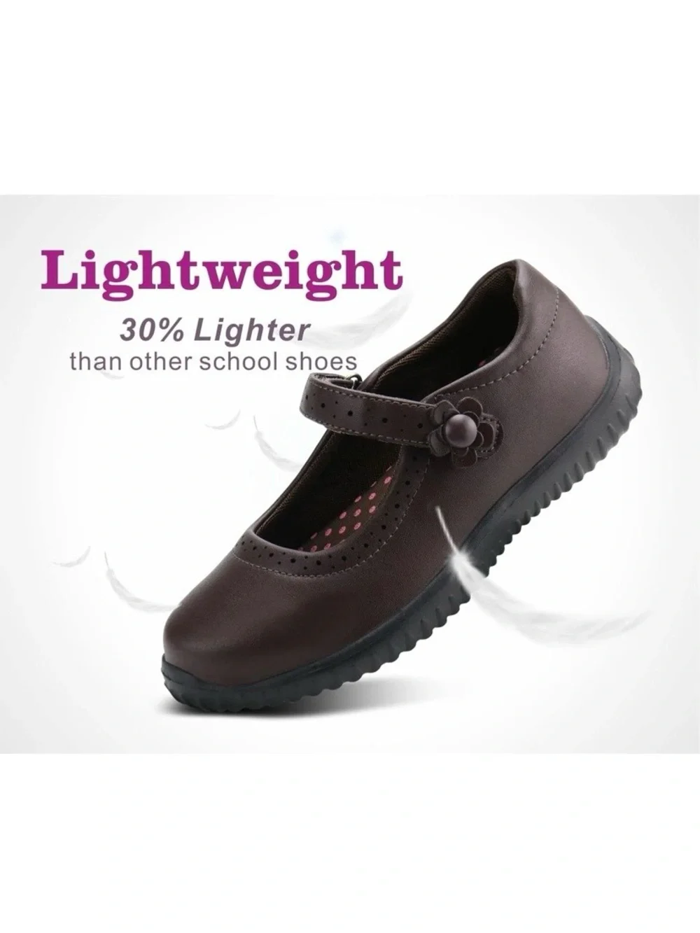 Girls Dark Brown Mary Jane School Shoes With Floral Accent Size 10